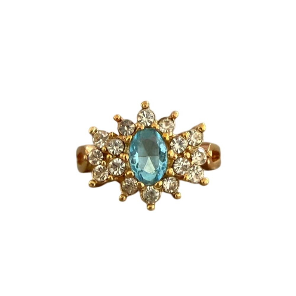 14kt Gold Plated Aquamarine Encrusted Flower Crystal Ring Size 7 Vintage 90s NEW